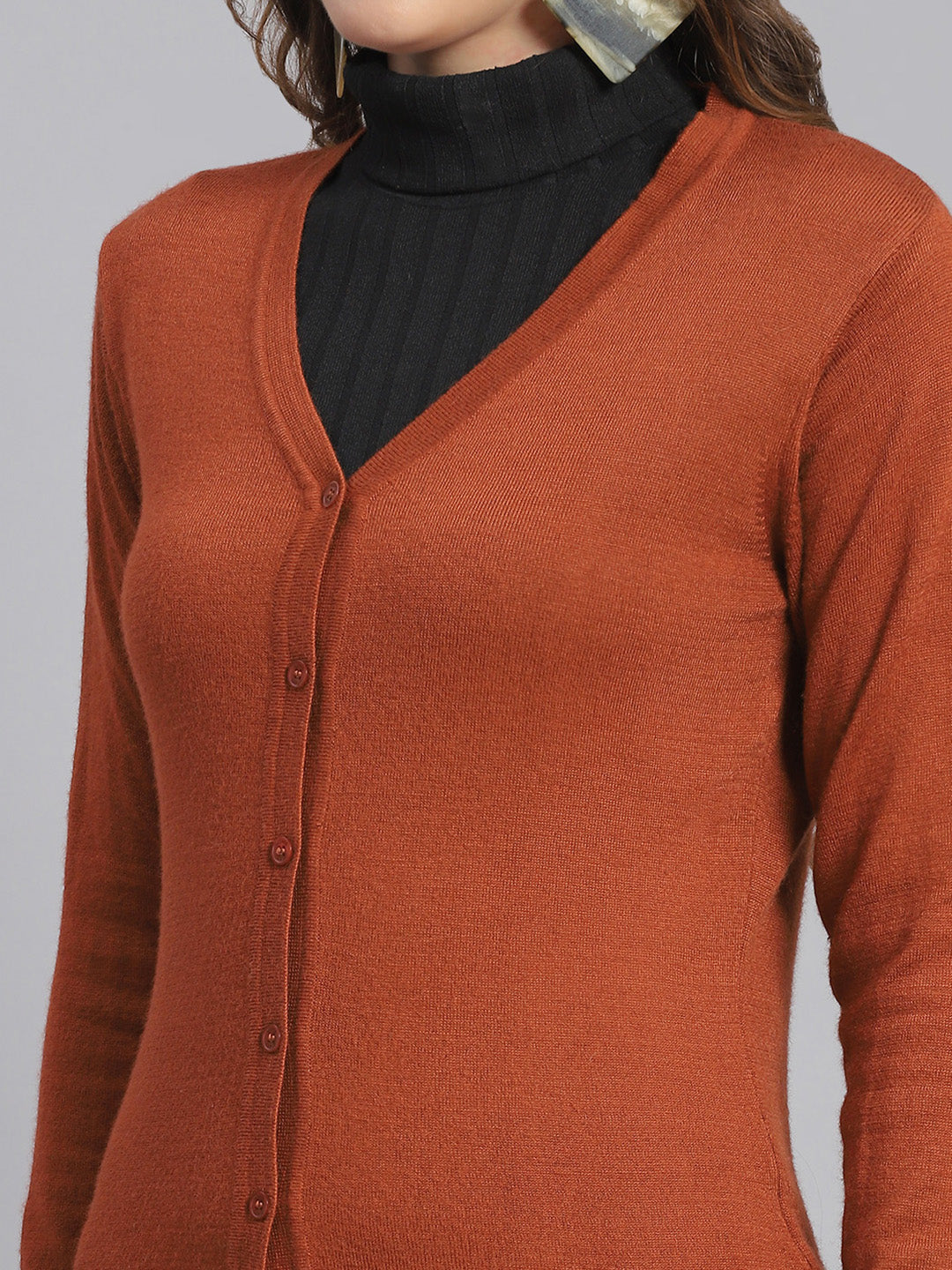 Women Rust Solid V Neck Full Sleeve Cardigan