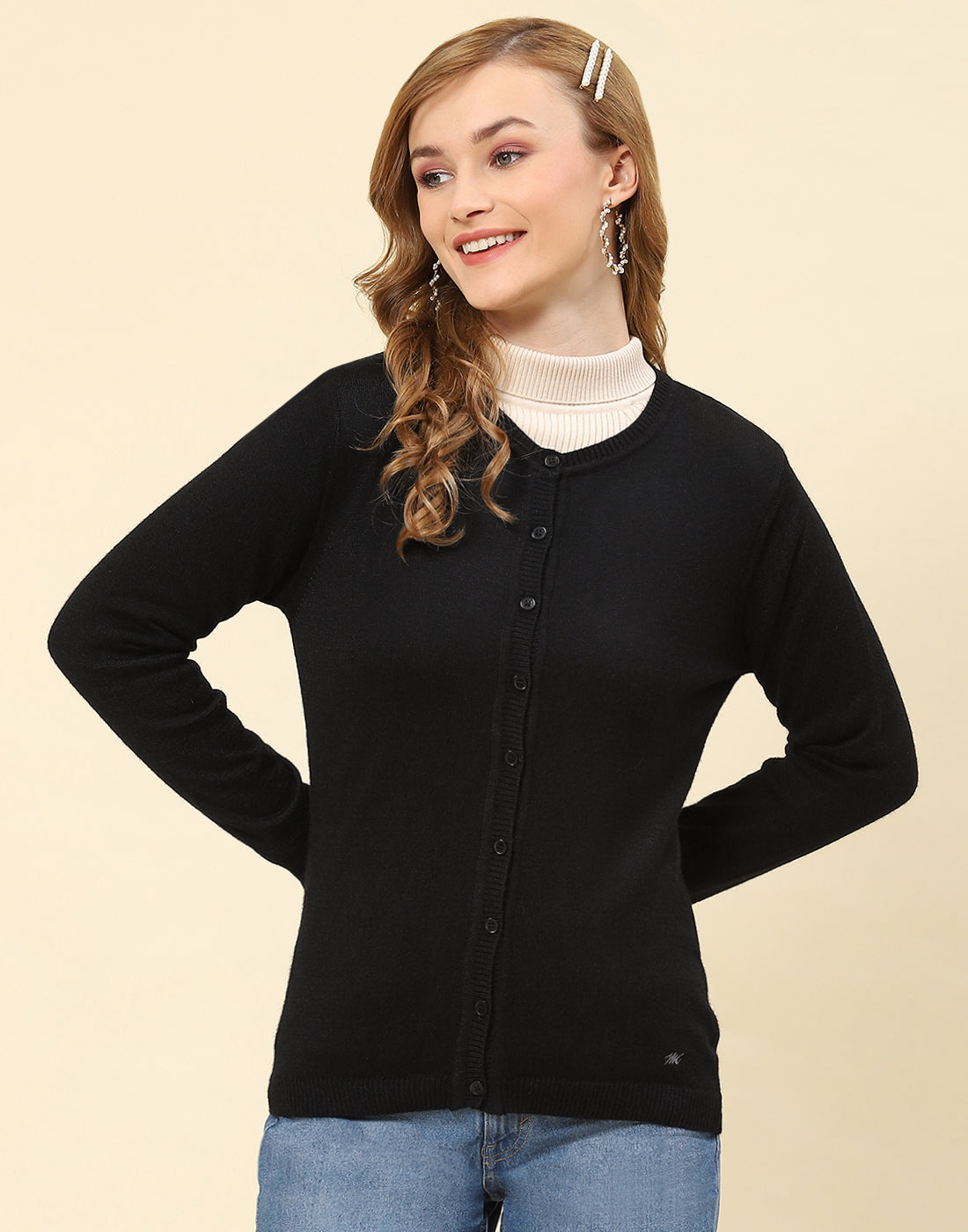 Women Black Solid Round Neck Full Sleeve Cardigan