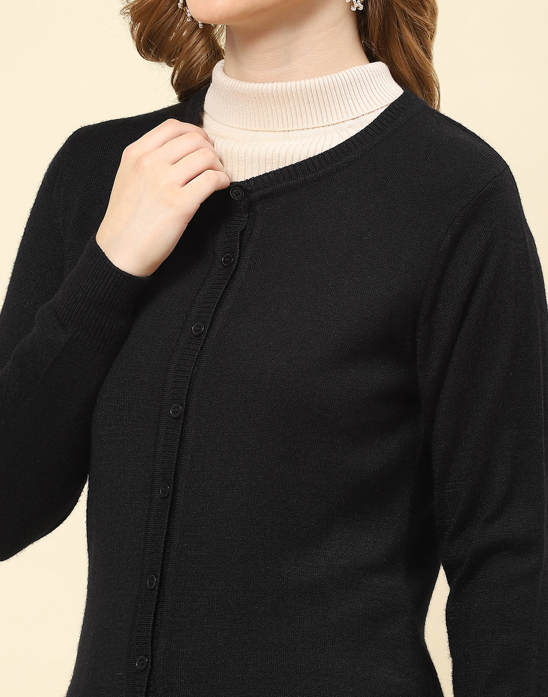 Women Black Solid Round Neck Full Sleeve Cardigan