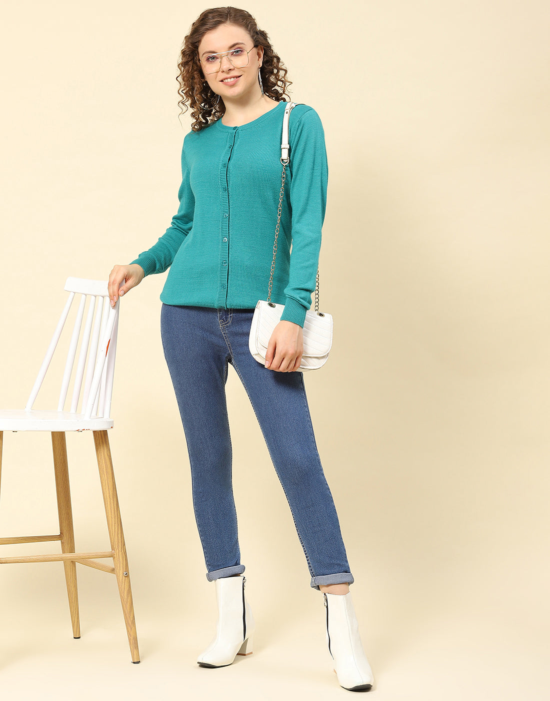 Women Turquoise Blue Solid Round Neck Full Sleeve Cardigan