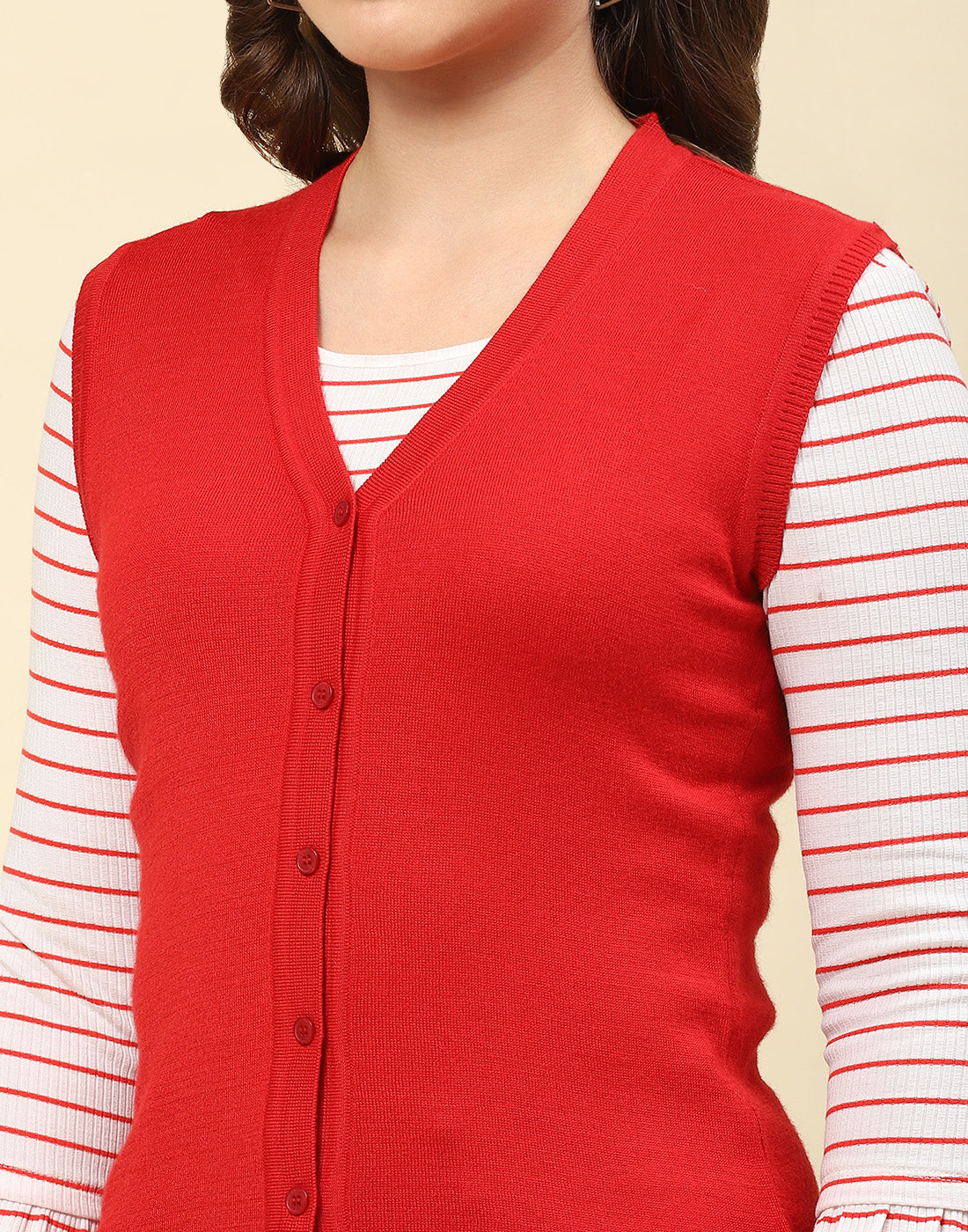 Women Red Solid V Neck Sleeveless Cardigan