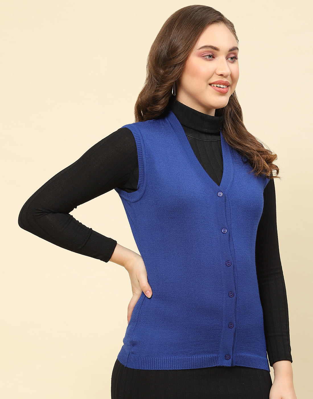 Women Blue Solid V Neck Sleeveless Cardigan