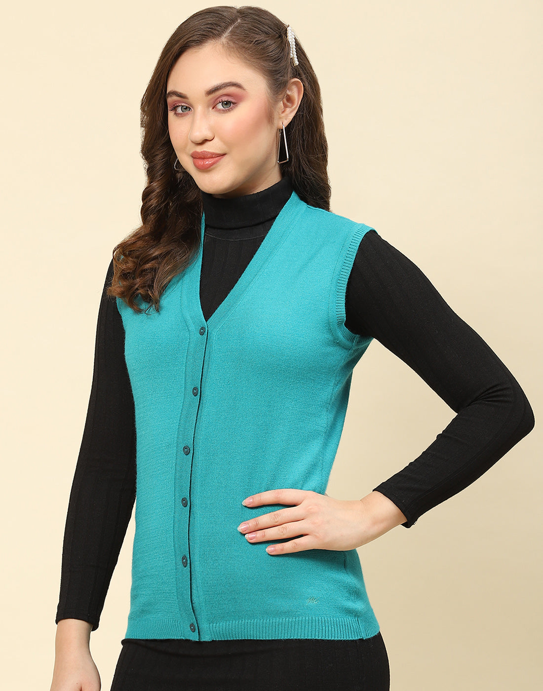 Women Turquoise Blue Solid V Neck Sleeveless Cardigan