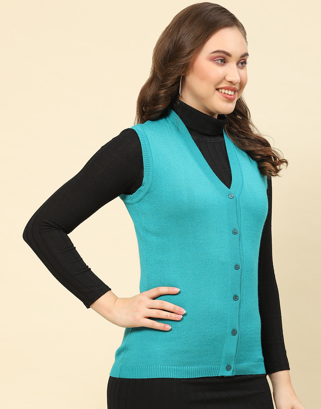 Women Turquoise Blue Solid V Neck Sleeveless Cardigan