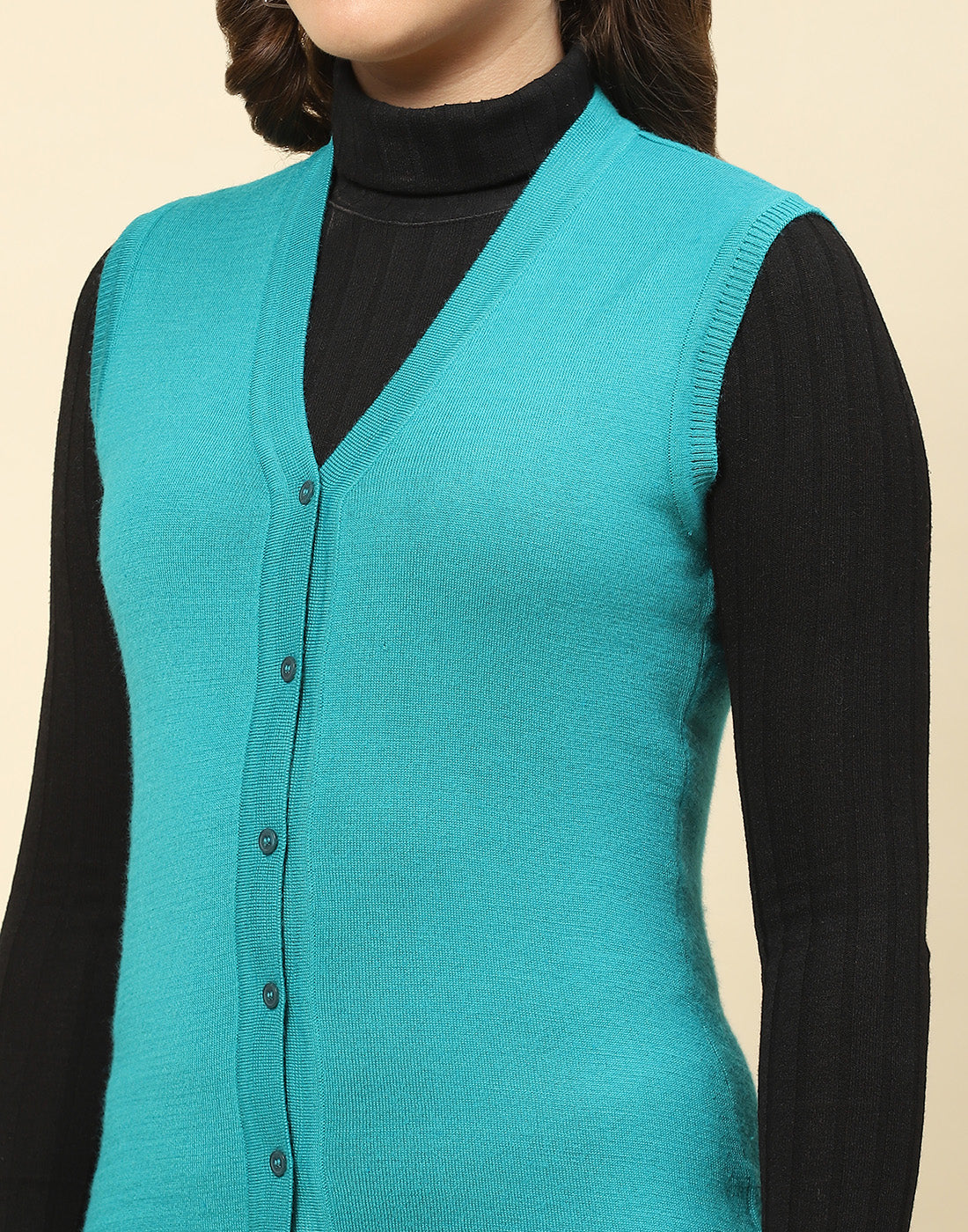 Women Turquoise Blue Solid V Neck Sleeveless Cardigan