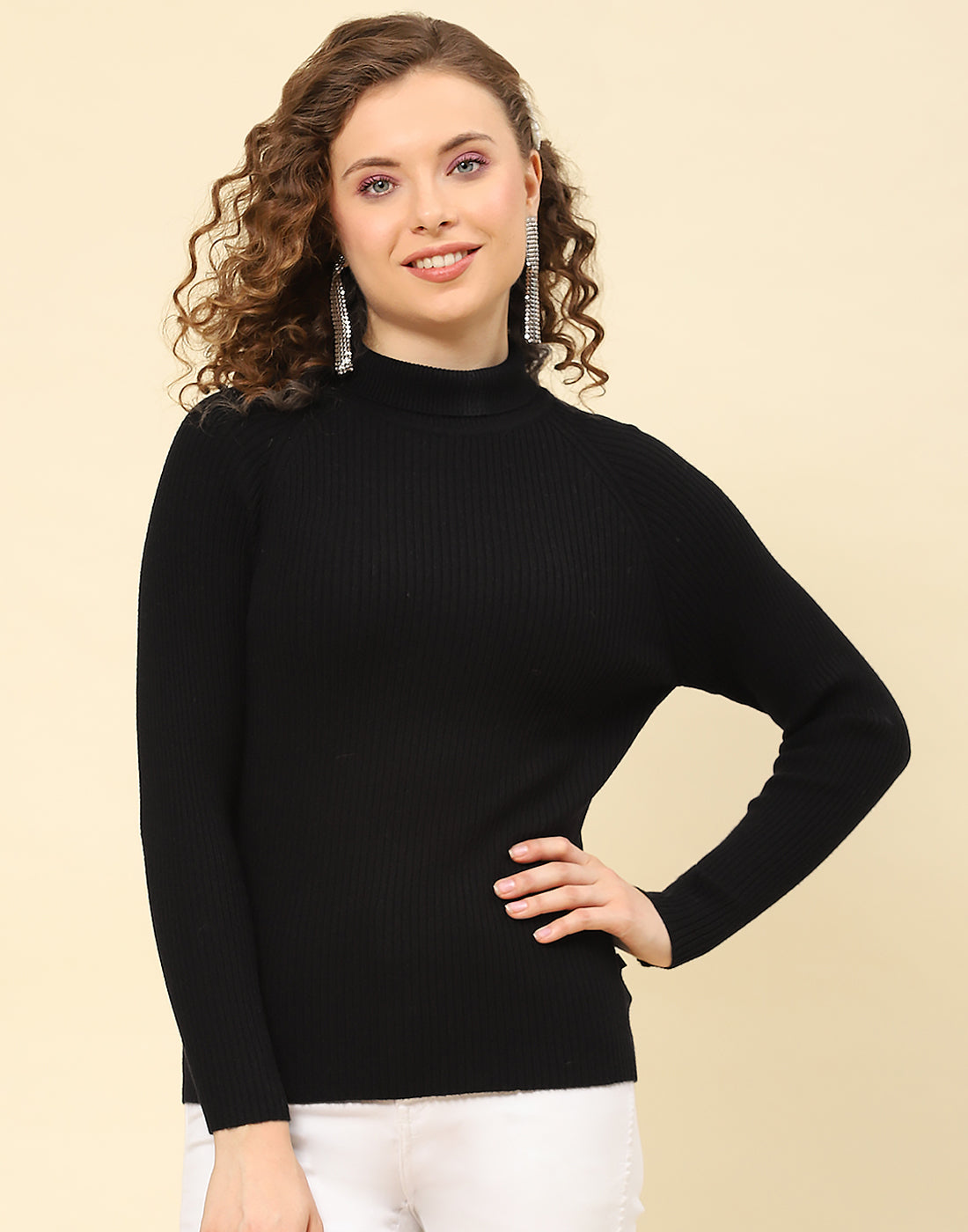 Women Black Solid High Neck Full Sleeve Sweater