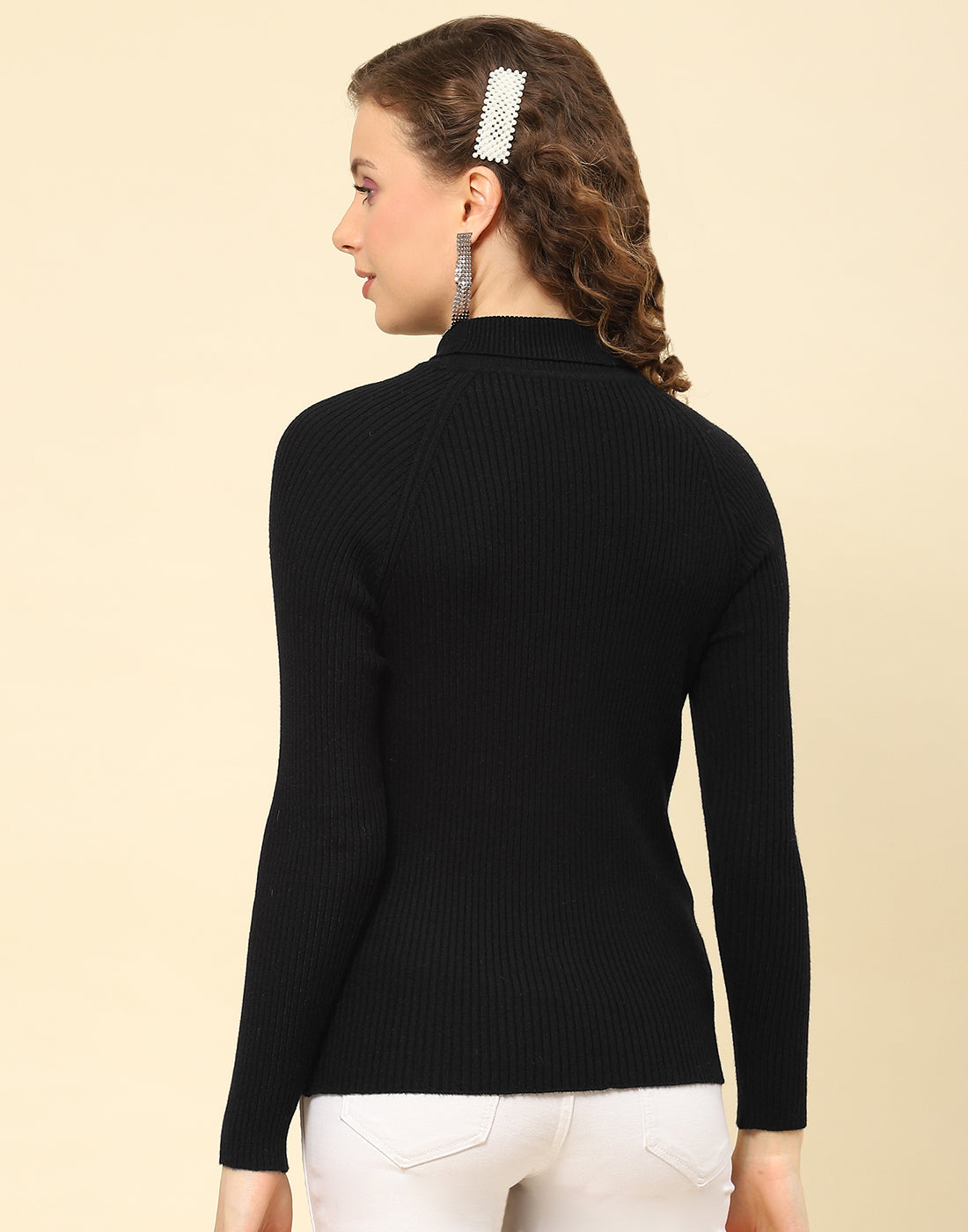 Women Black Solid High Neck Full Sleeve Sweater