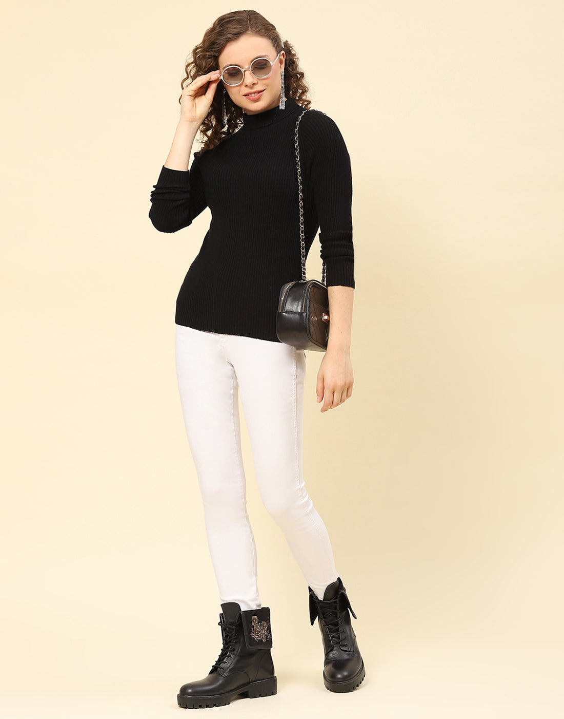 Women Black Solid High Neck Full Sleeve Sweater