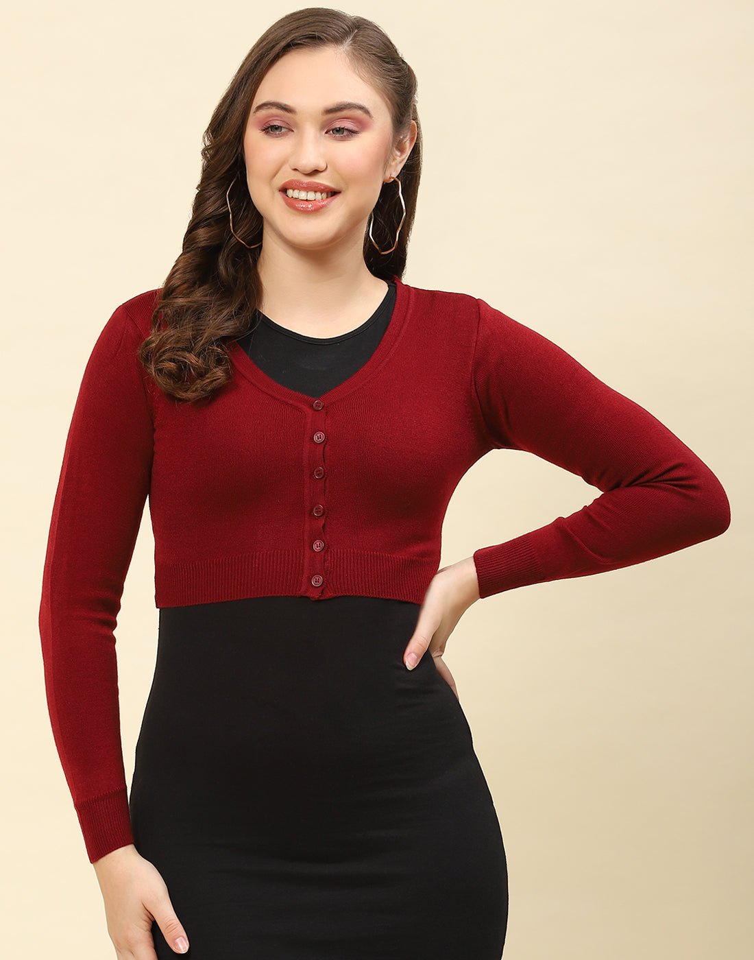 Women Maroon Solid V Neck Full Sleeve Blouse