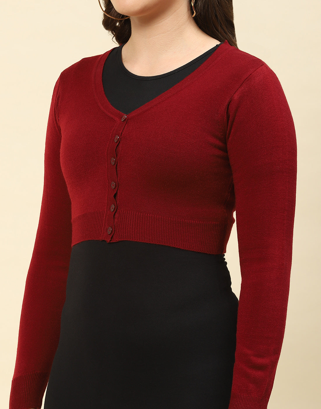 Women Maroon Solid V Neck Full Sleeve Blouse