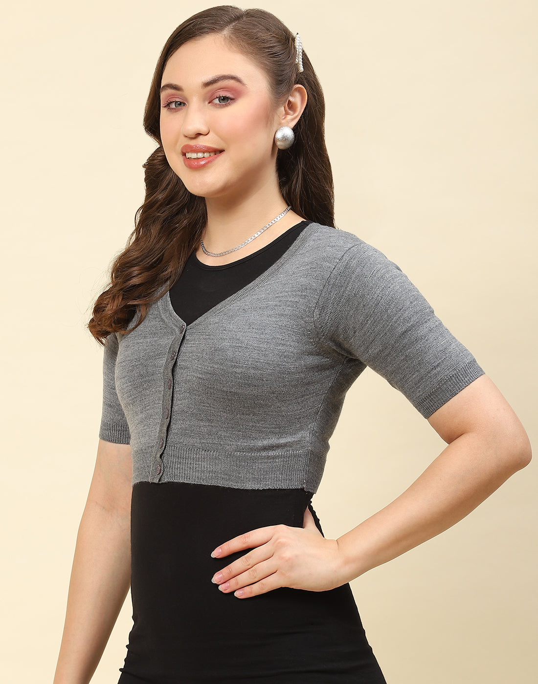 Women Grey Solid V Neck Half Sleeve Blouse