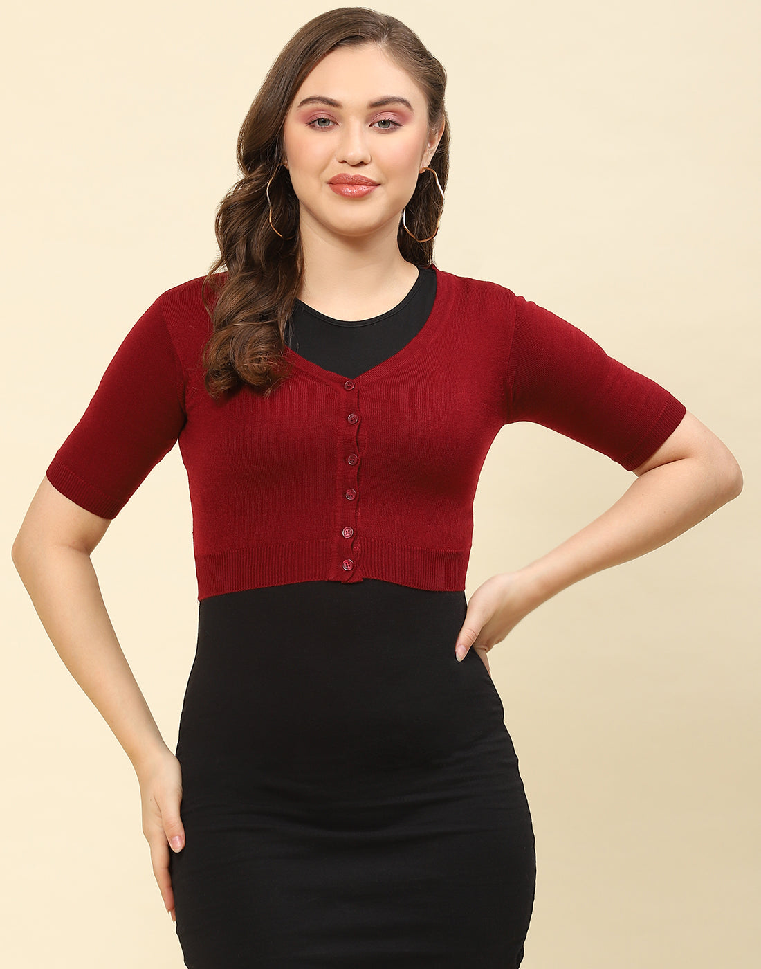 Women Maroon Solid V Neck Half Sleeve Blouse