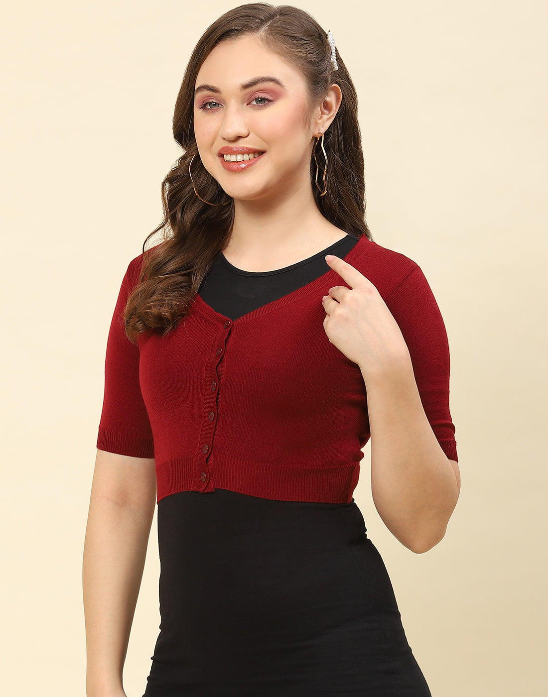 Women Maroon Solid V Neck Half Sleeve Blouse