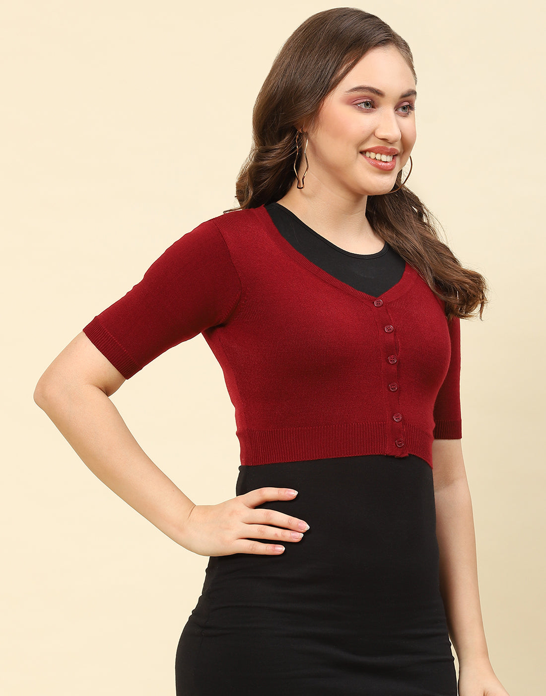 Women Maroon Solid V Neck Half Sleeve Blouse