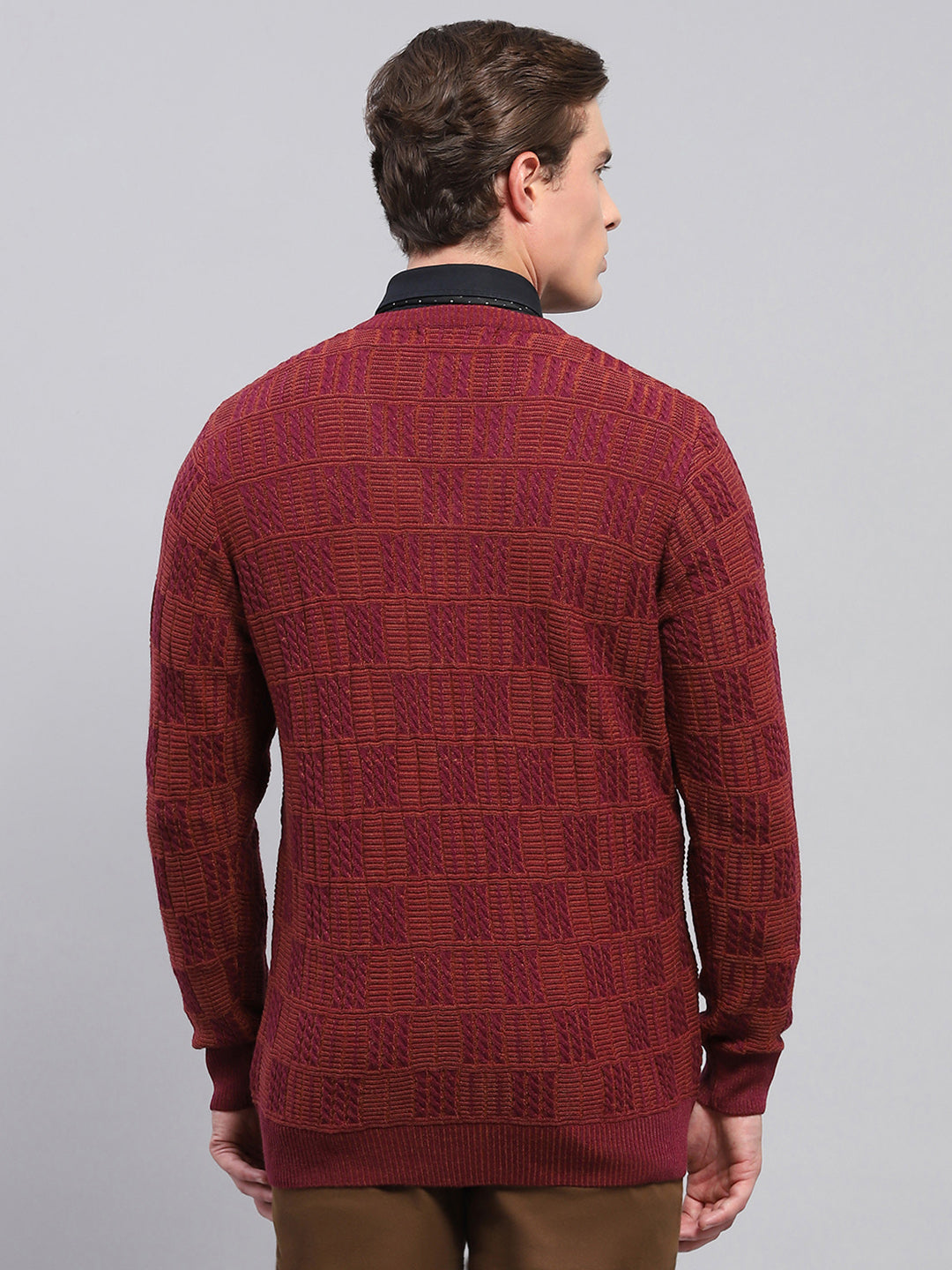 Men Maroon Self Design V Neck Full Sleeve Pullover