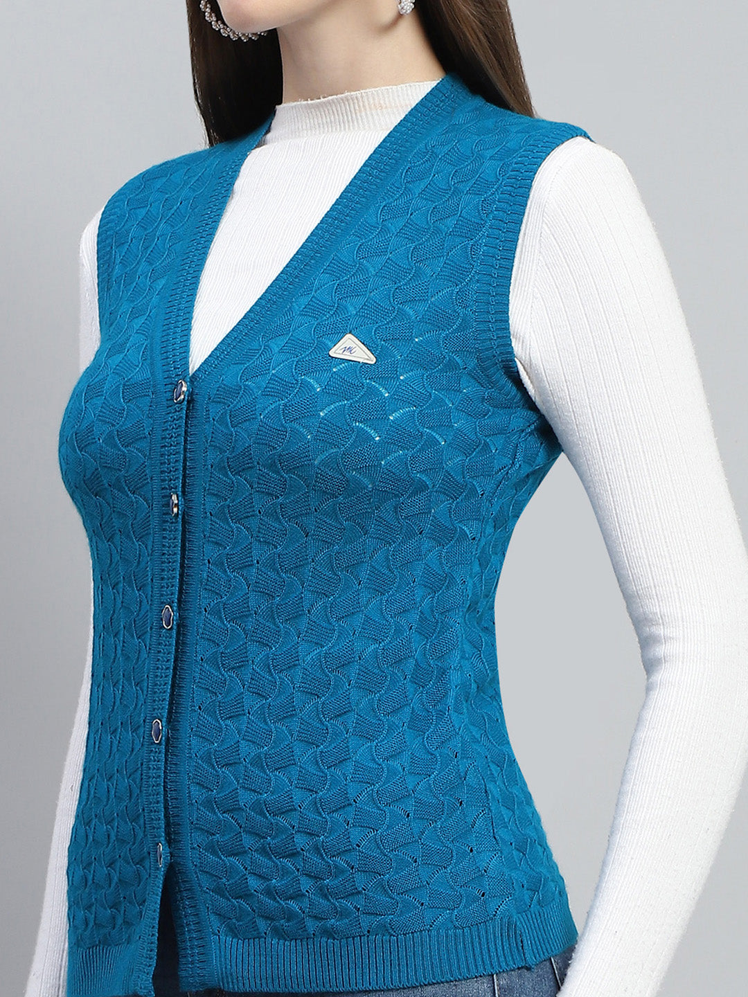 Women Sky Blue Self Design V Neck Sleeveless Cardigan