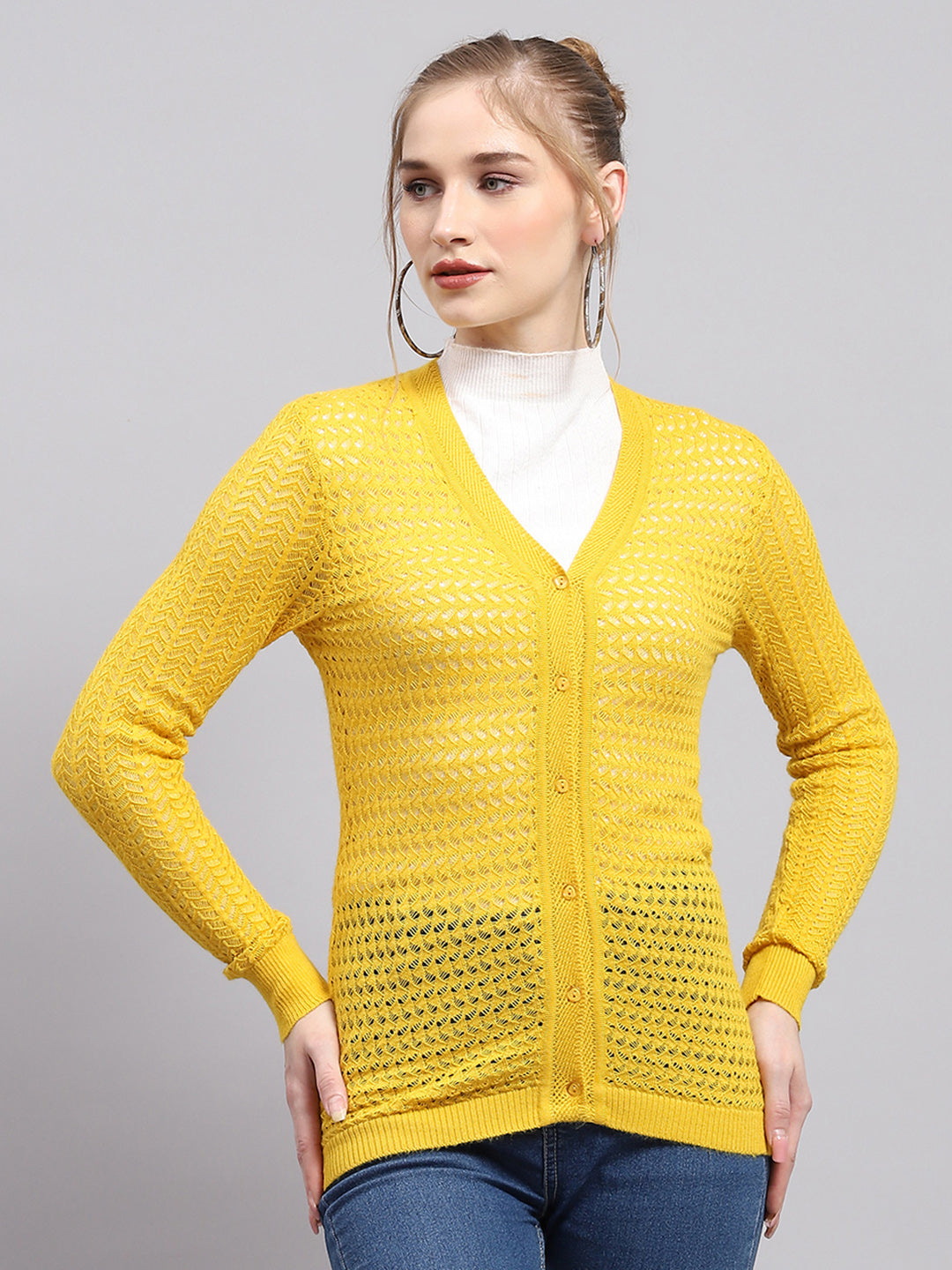 Women Yellow Self Design V Neck Full Sleeve Cardigan