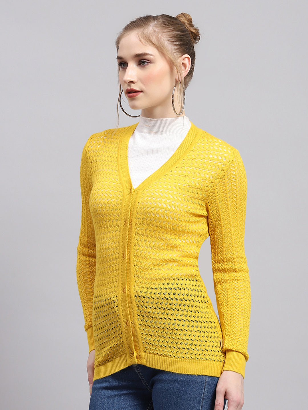 Women Yellow Self Design V Neck Full Sleeve Cardigan