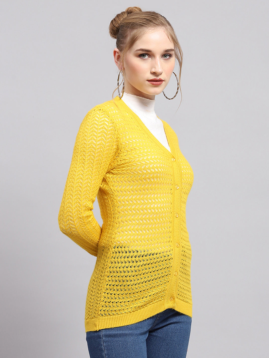 Women Yellow Self Design V Neck Full Sleeve Cardigan