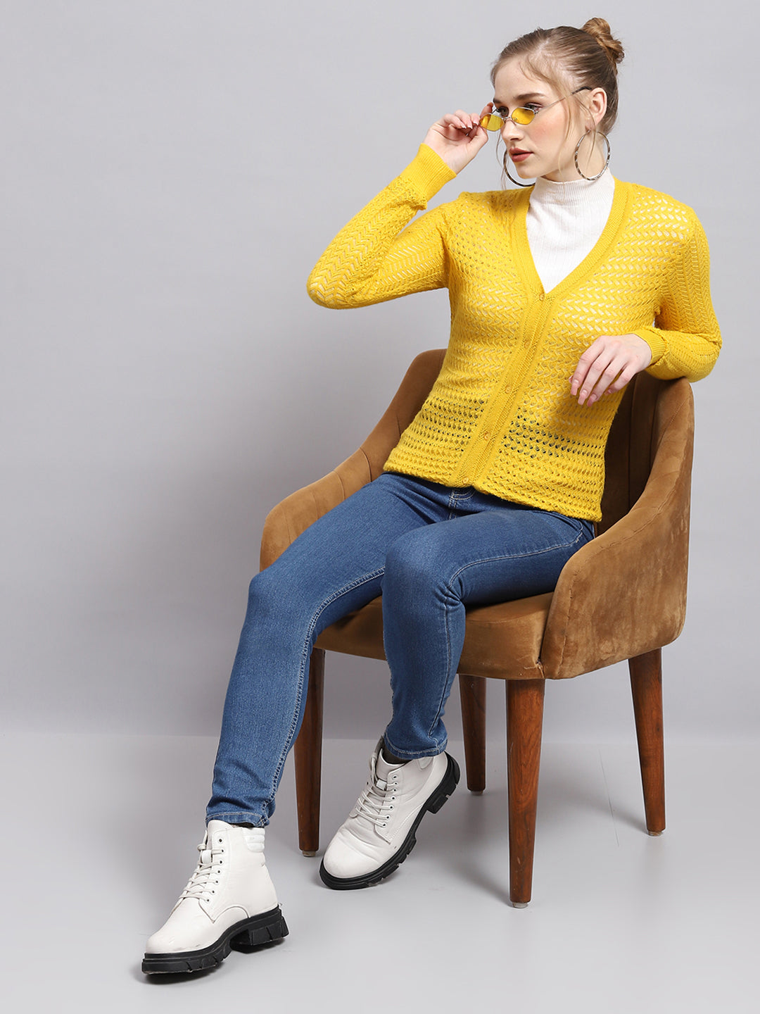 Women Yellow Self Design V Neck Full Sleeve Cardigan