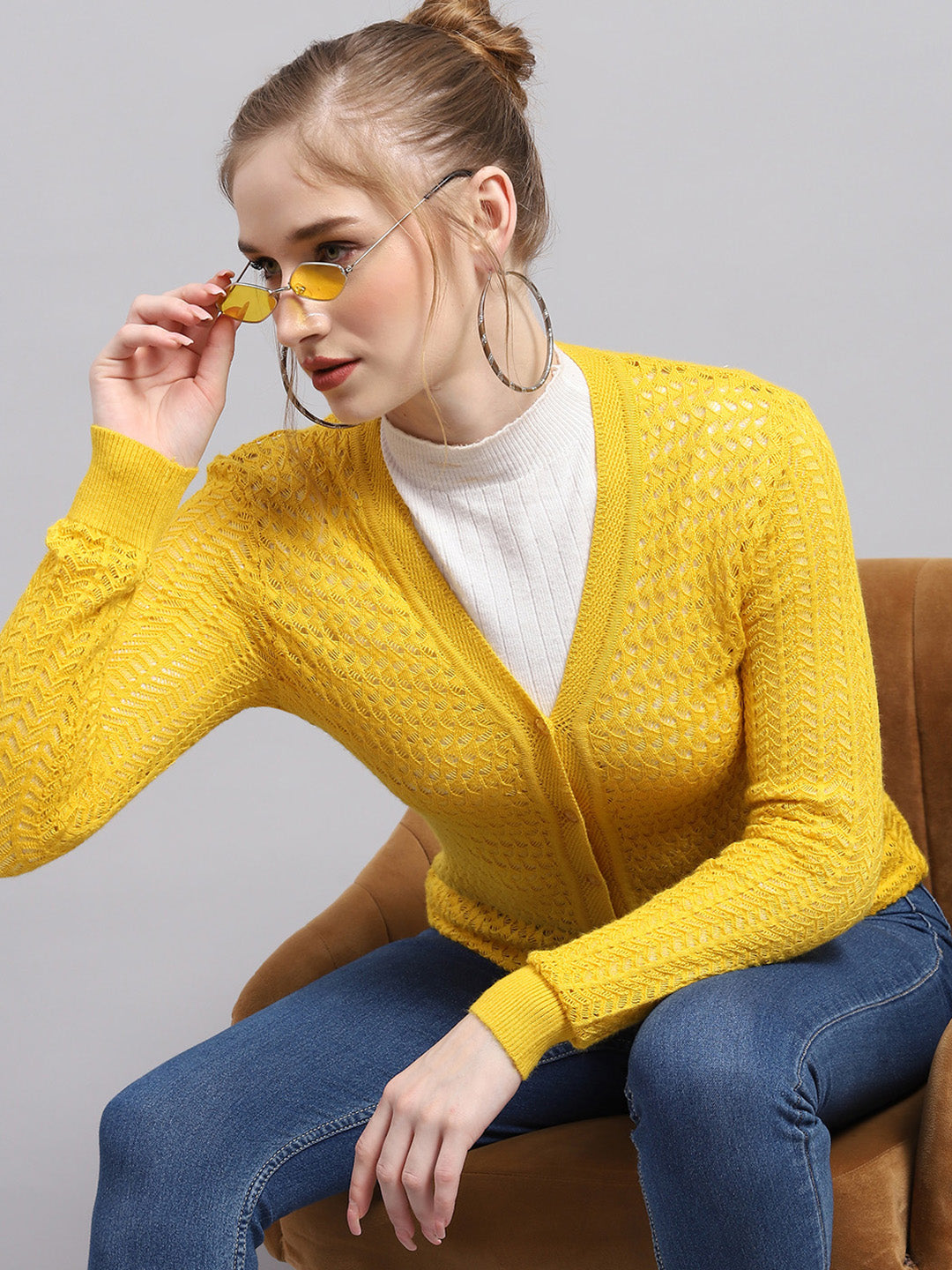 Women Yellow Self Design V Neck Full Sleeve Cardigan