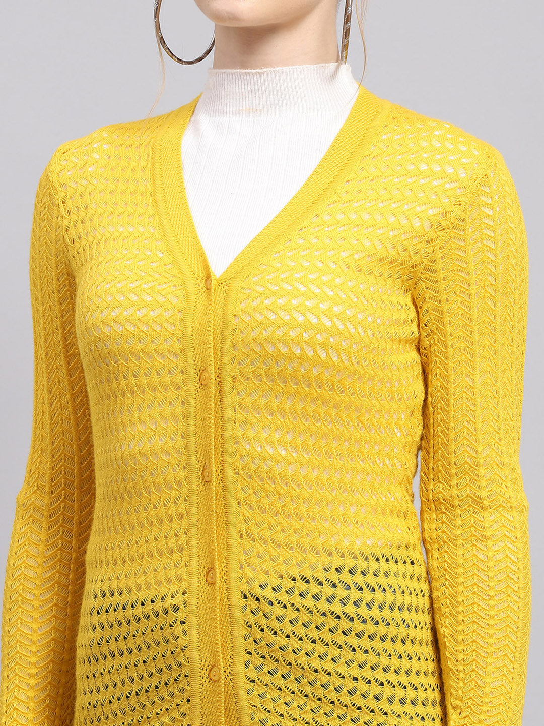 Women Yellow Self Design V Neck Full Sleeve Cardigan