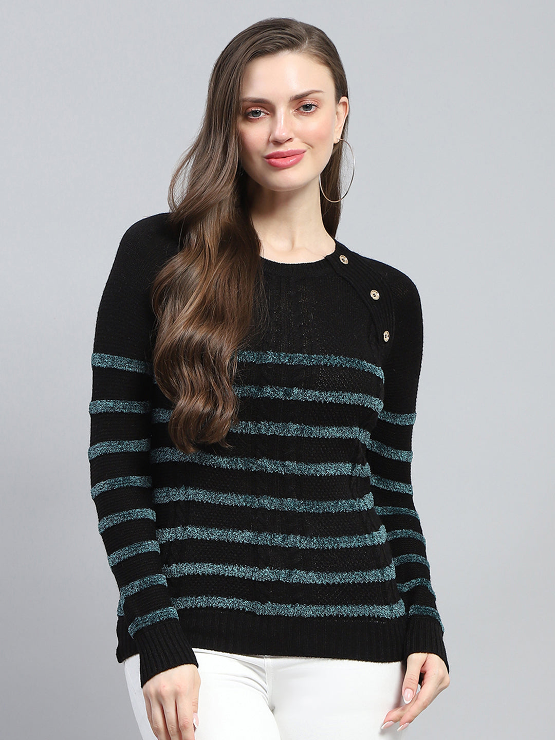 Women Black Stripe Round Neck Full Sleeve Winter Tops