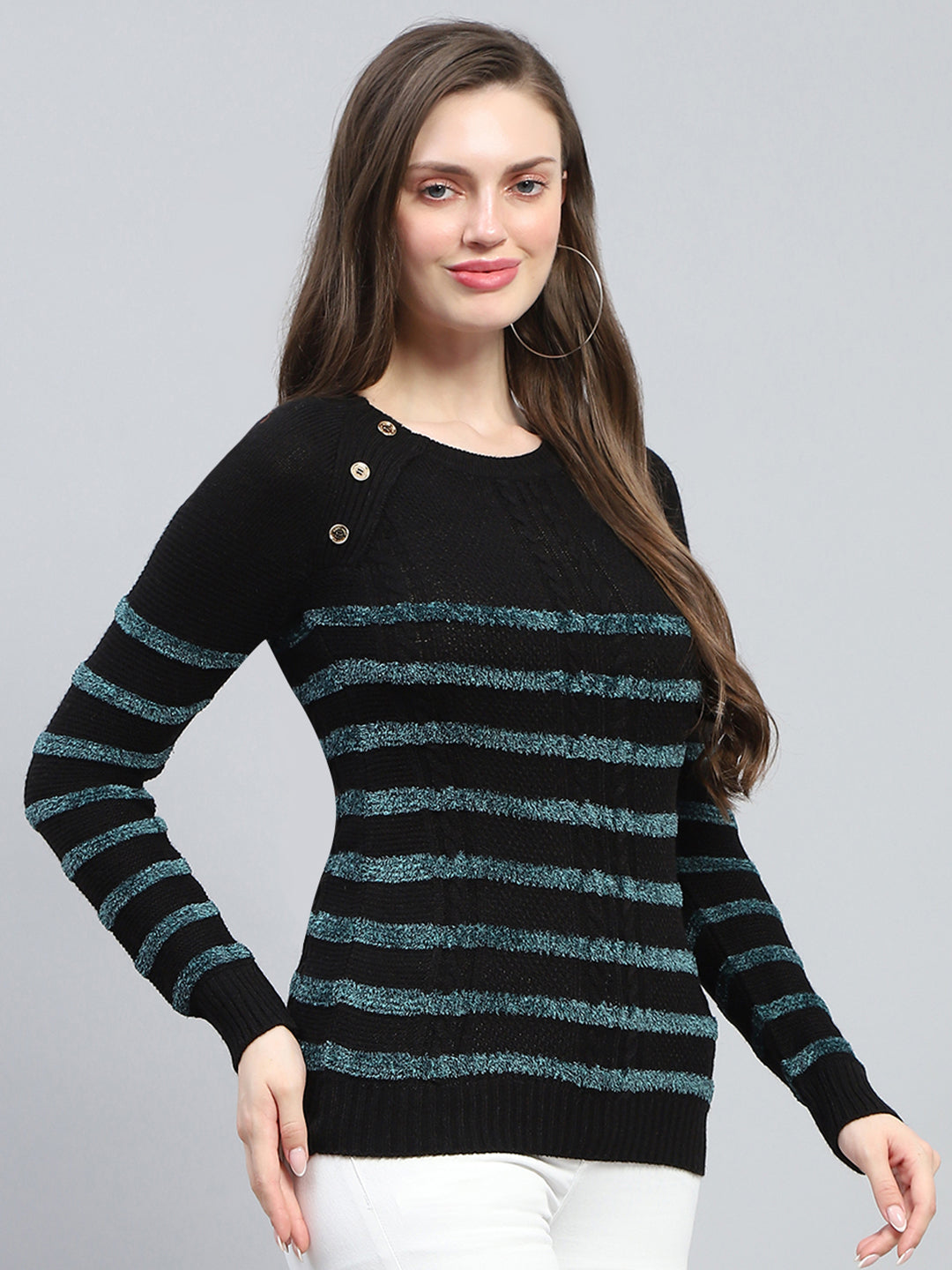 Women Black Stripe Round Neck Full Sleeve Winter Tops