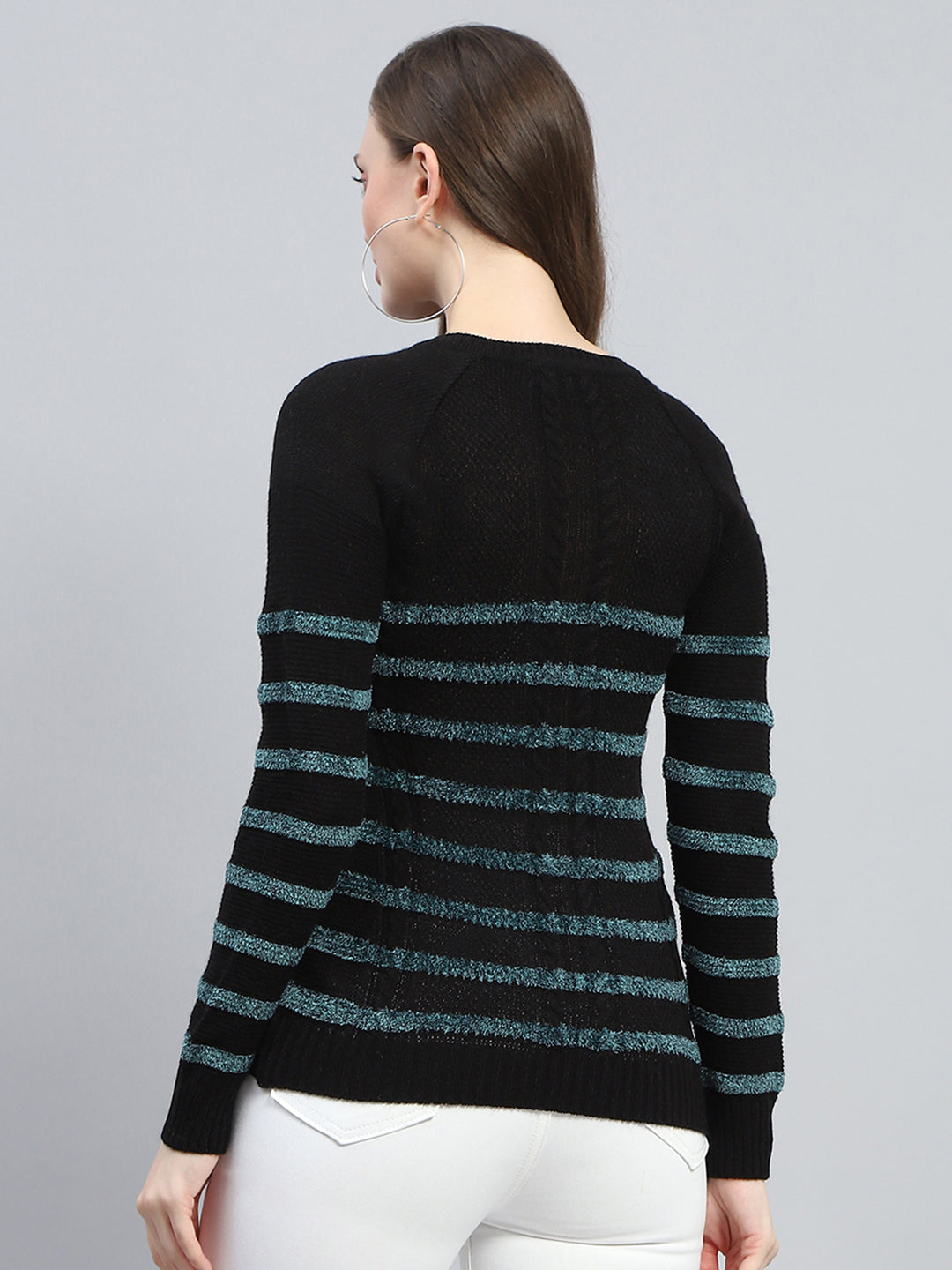 Women Black Stripe Round Neck Full Sleeve Winter Tops