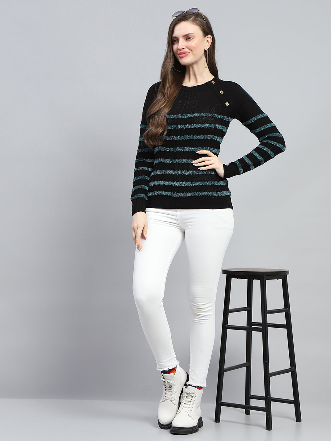 Women Black Stripe Round Neck Full Sleeve Winter Tops