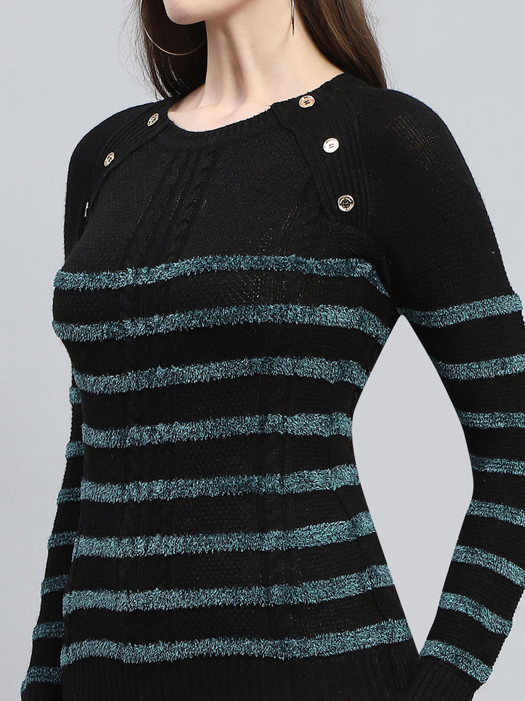 Women Black Stripe Round Neck Full Sleeve Winter Tops