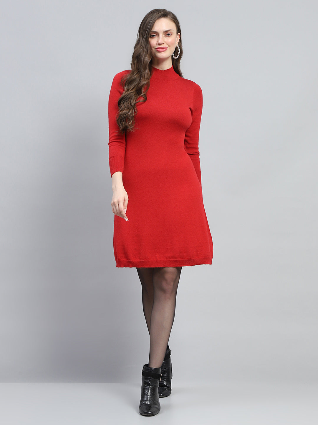 Women Red Solid Round Neck Full Sleeve Dress