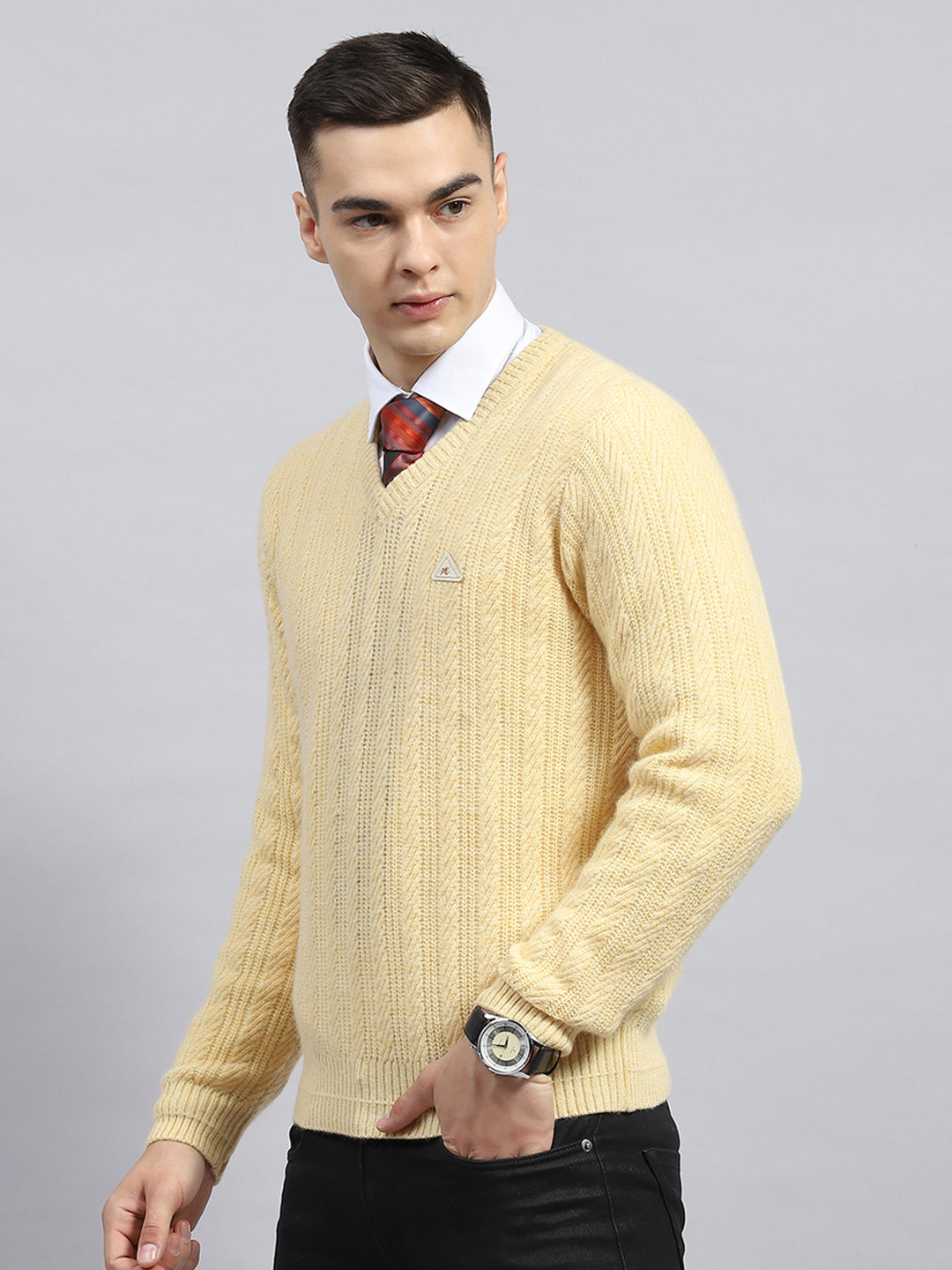 Men Beige Self Design V Neck Full Sleeve Pullover