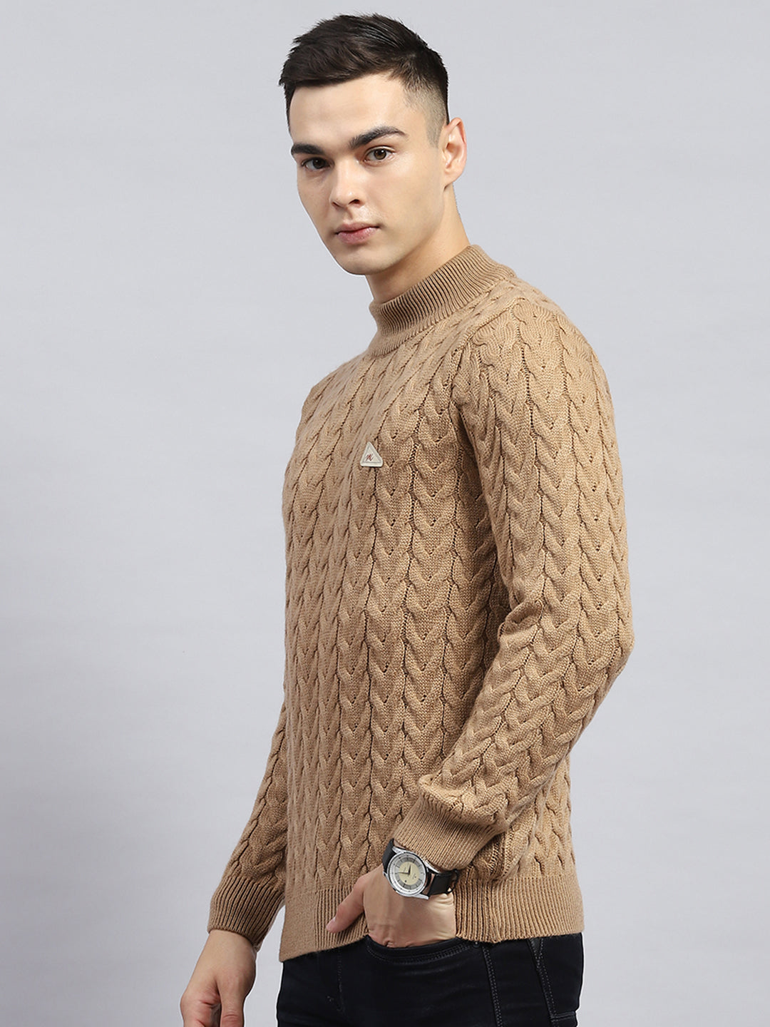 Men Brown Self Design High Neck Full Sleeve Pullover