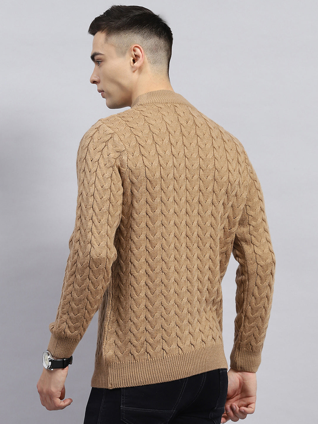 Men Brown Self Design High Neck Full Sleeve Pullover