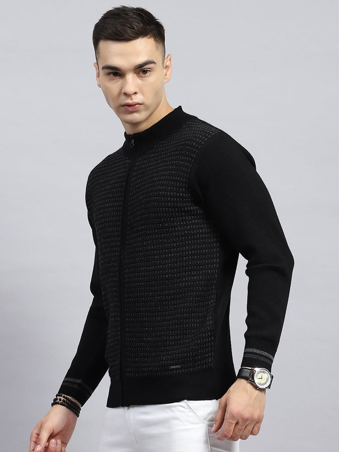 Men Black Self Design High Neck Full Sleeve Pullover