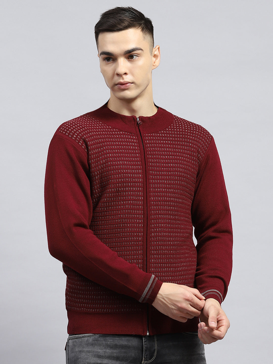 Men Maroon Self Design High Neck Full Sleeve Pullover