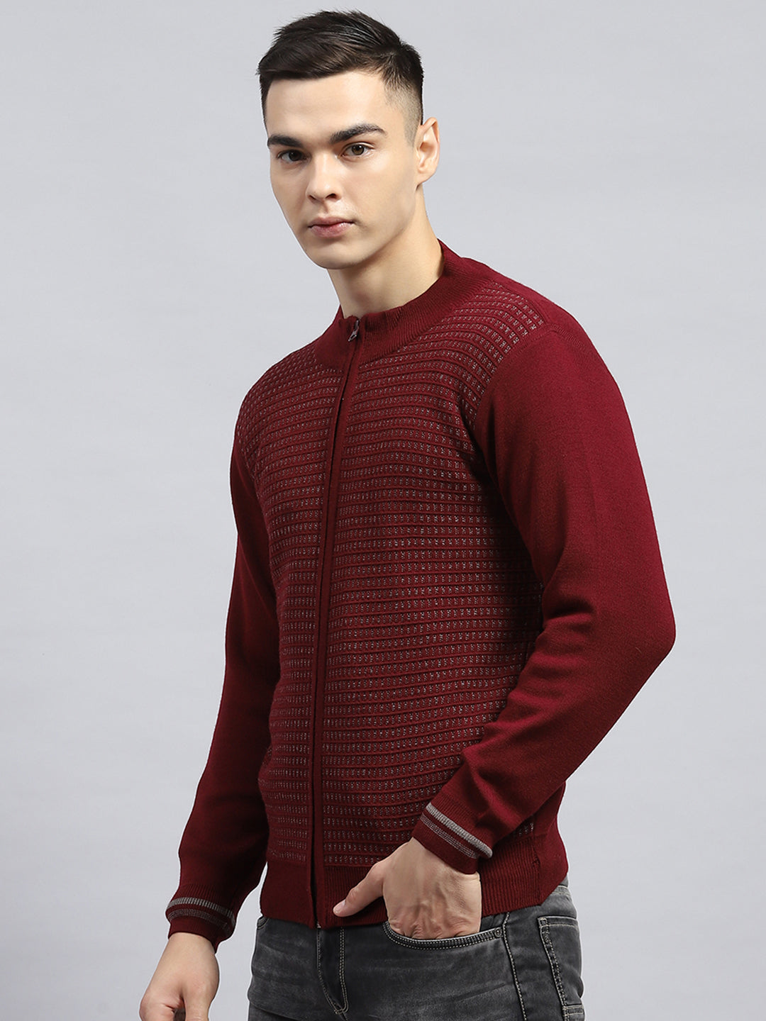 Men Maroon Self Design High Neck Full Sleeve Pullover