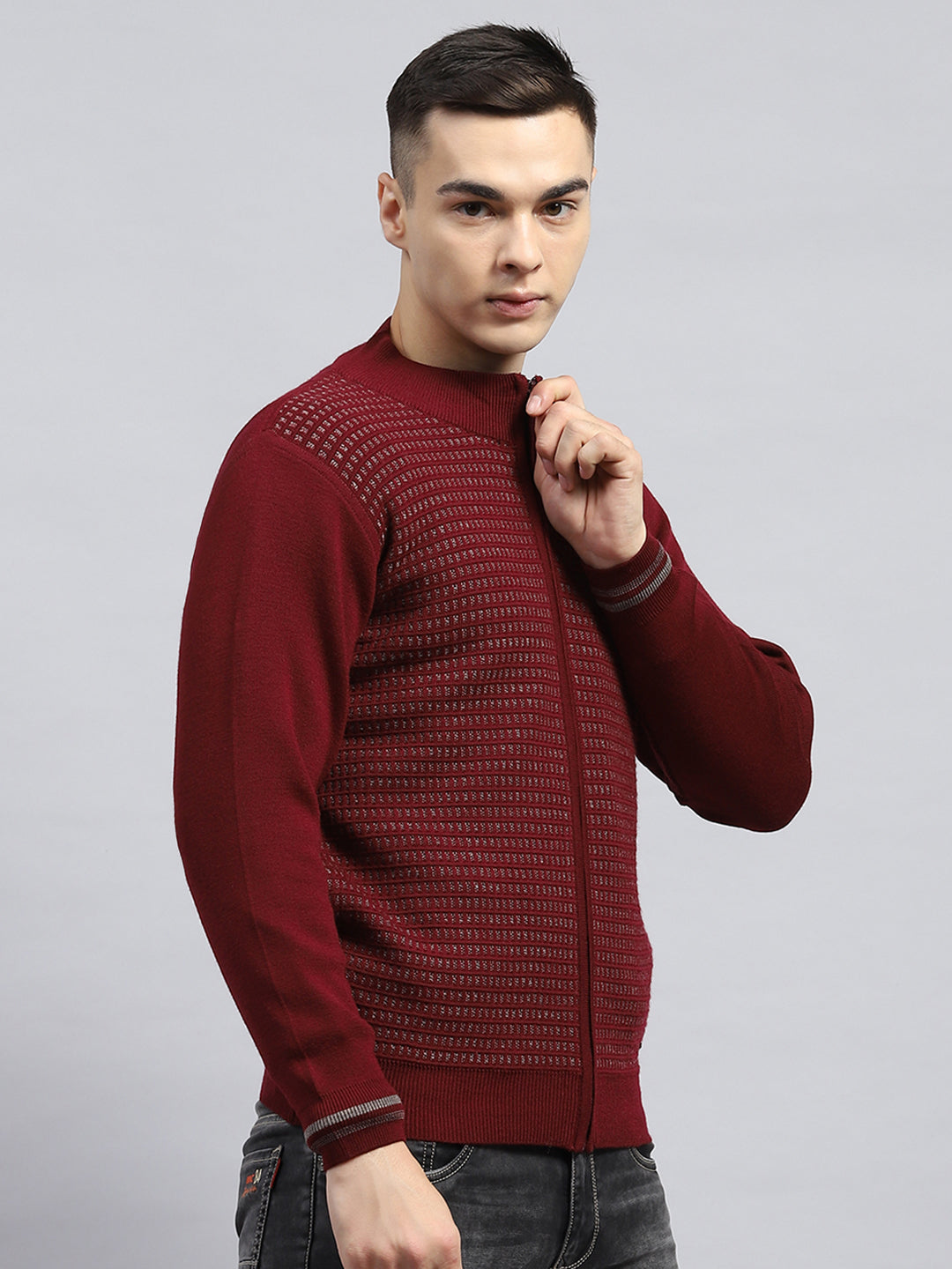 Men Maroon Self Design High Neck Full Sleeve Pullover