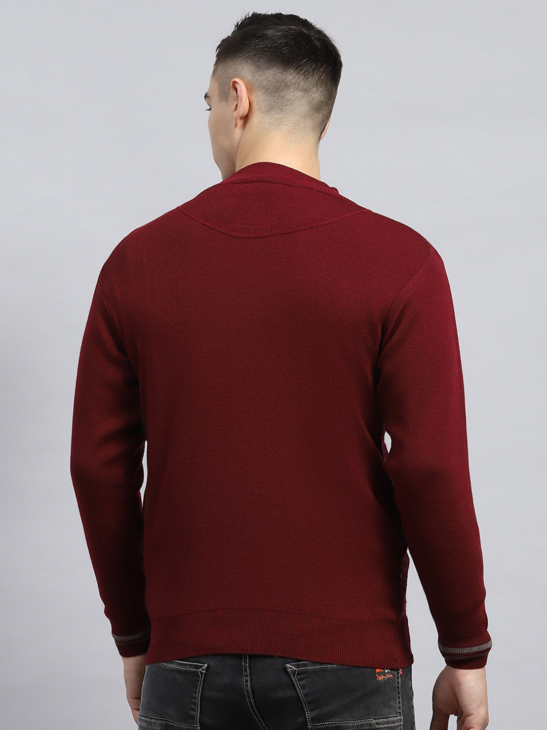 Men Maroon Self Design High Neck Full Sleeve Pullover