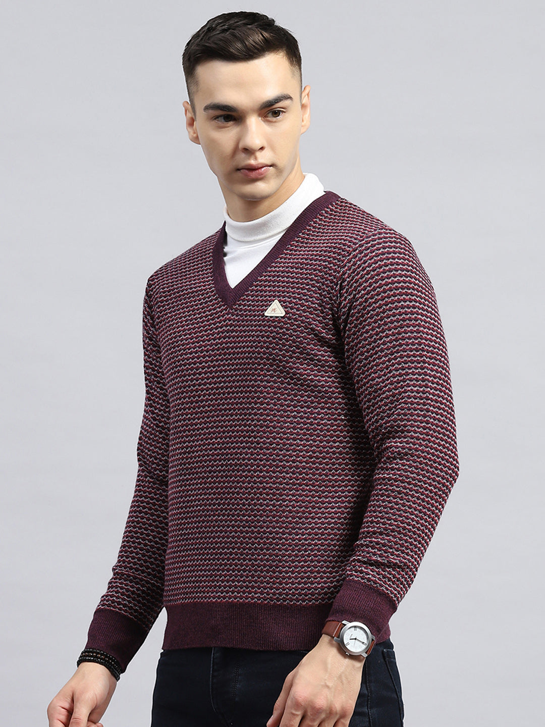 Men Burgundy Self Design V Neck Full Sleeve Pullover