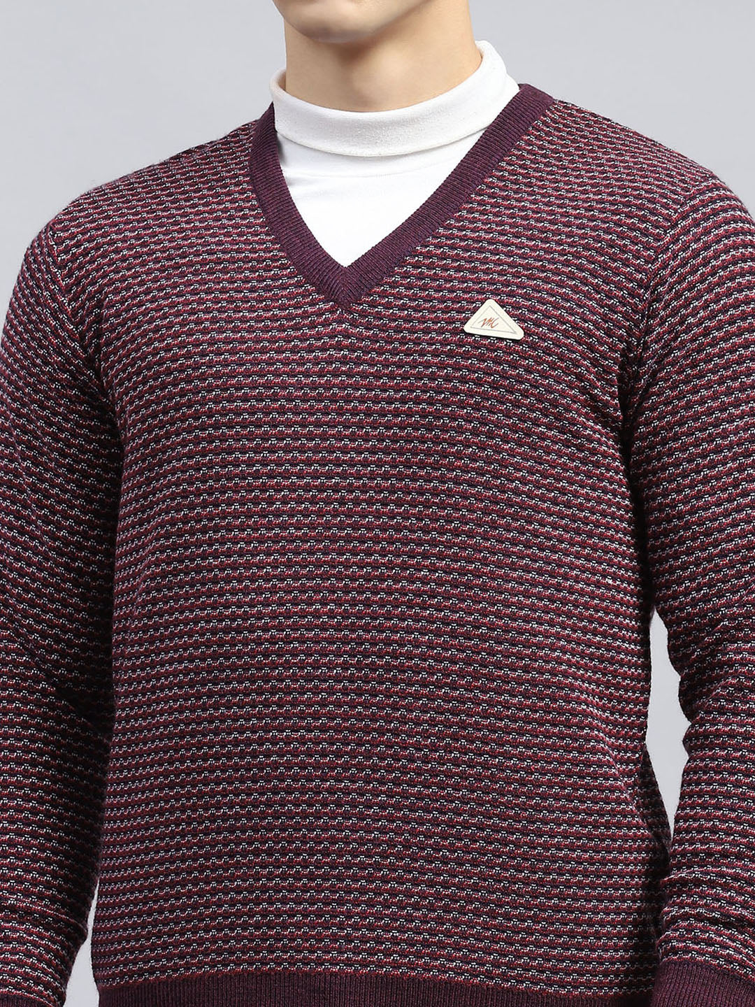 Men Burgundy Self Design V Neck Full Sleeve Pullover