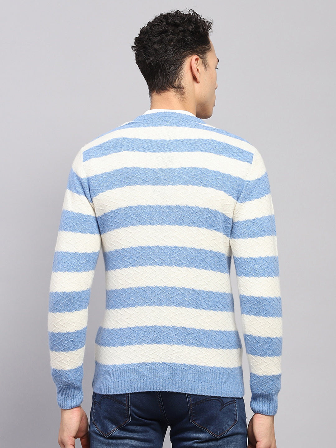 Men Blue Stripe V Neck Full Sleeve Pullover