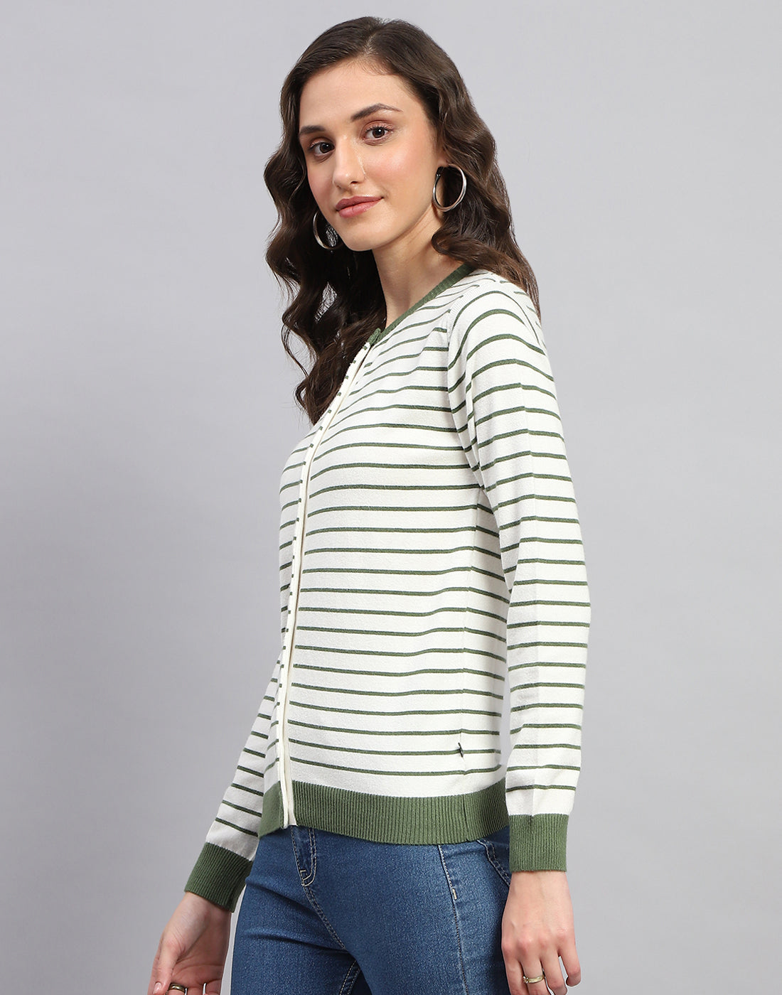 Women White Stripe Round Neck Full Sleeve Cardigan