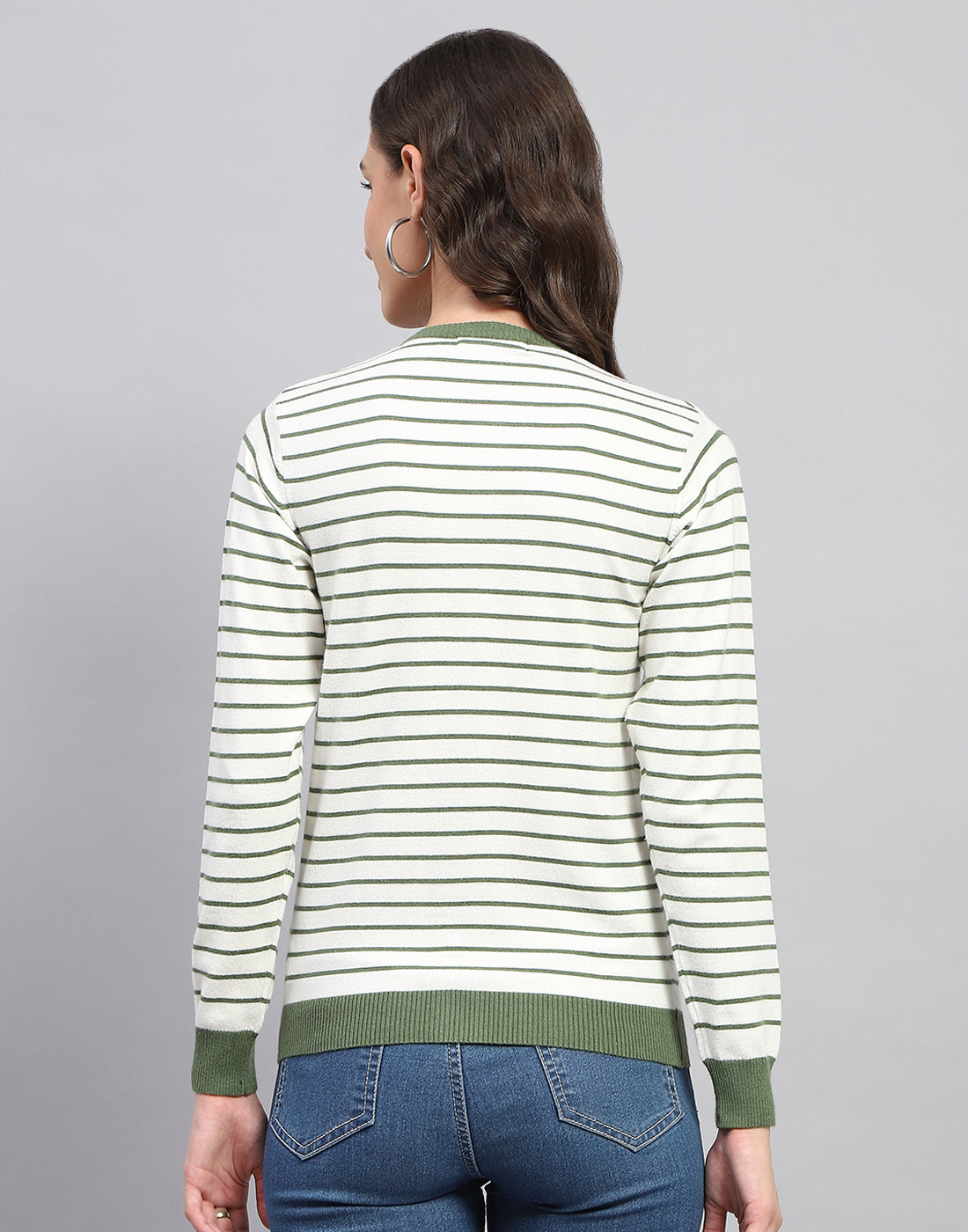 Women White Stripe Round Neck Full Sleeve Cardigan