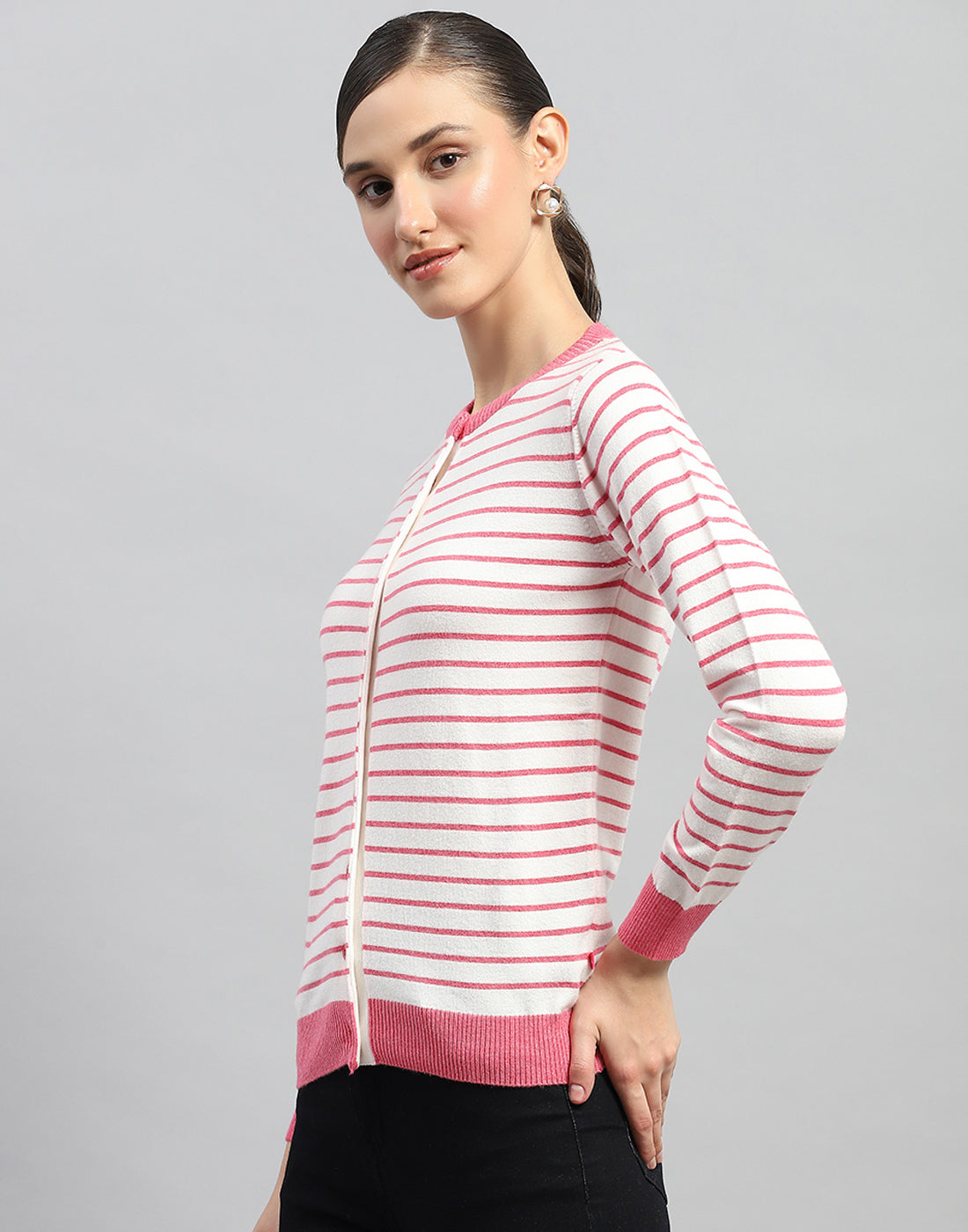 Women Pink Stripe Round Neck Full Sleeve Cardigan