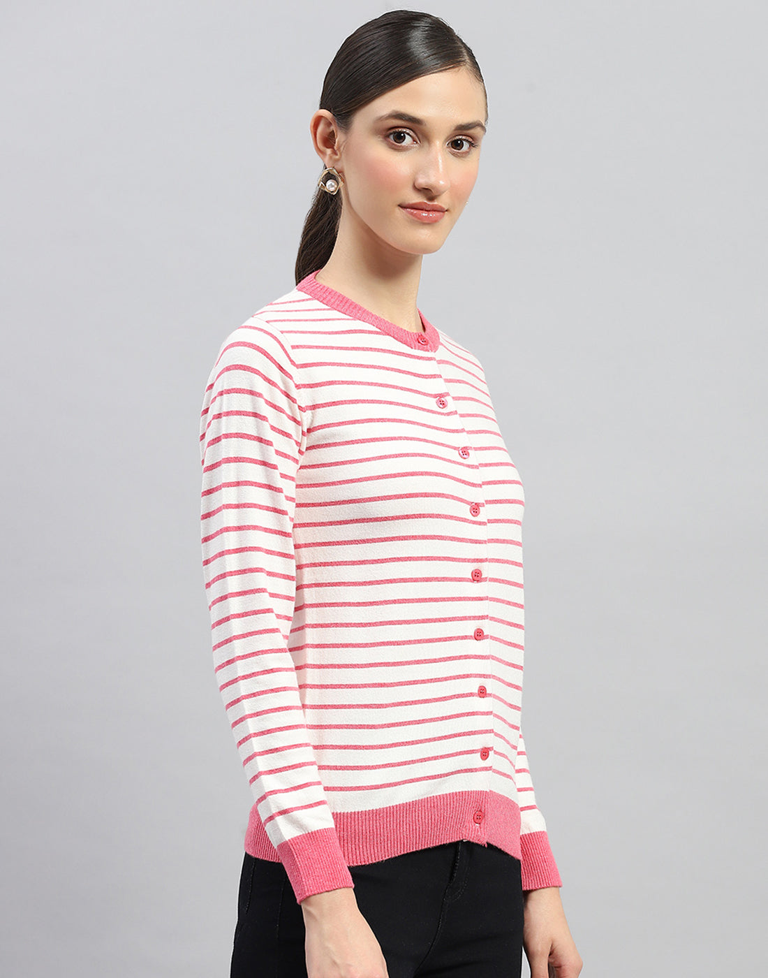 Women Pink Stripe Round Neck Full Sleeve Cardigan