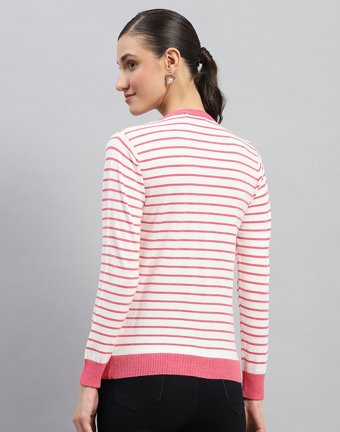 Women Pink Stripe Round Neck Full Sleeve Cardigan