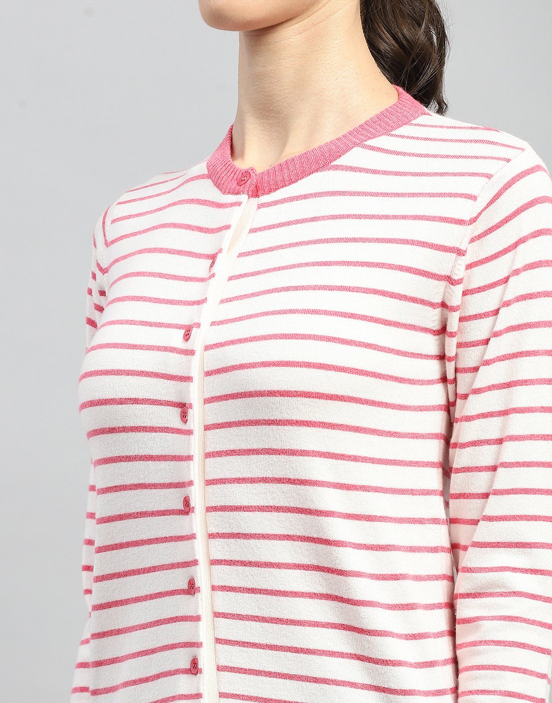 Women Pink Stripe Round Neck Full Sleeve Cardigan