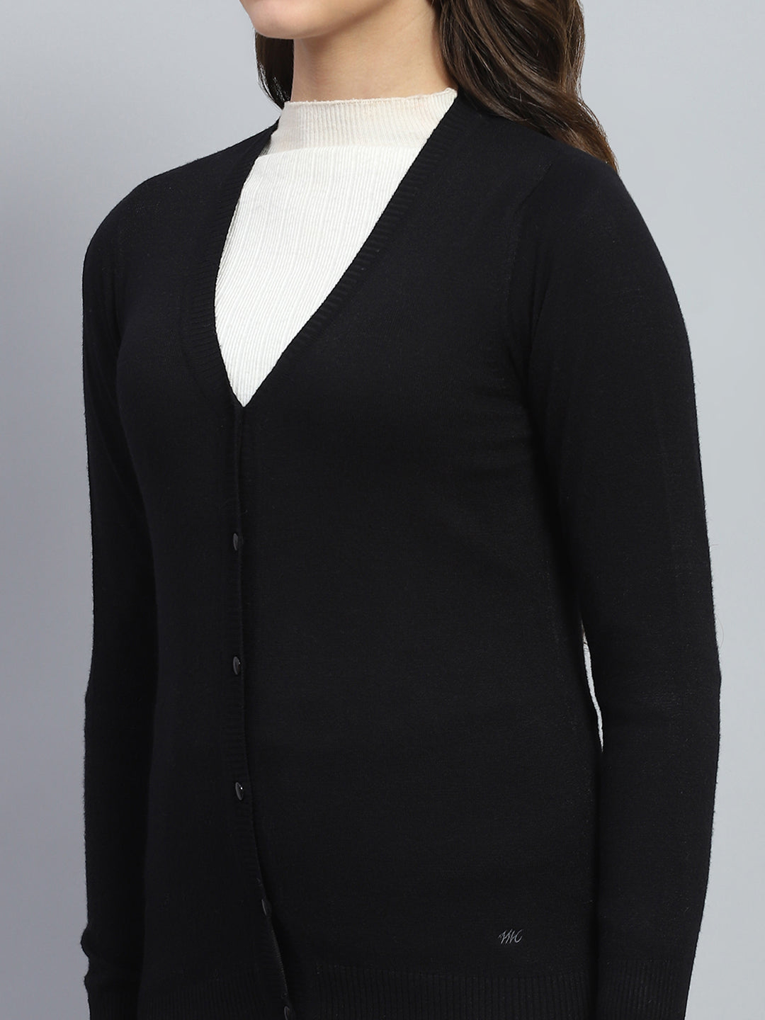 Women Black Solid V Neck Full Sleeve Cardigan